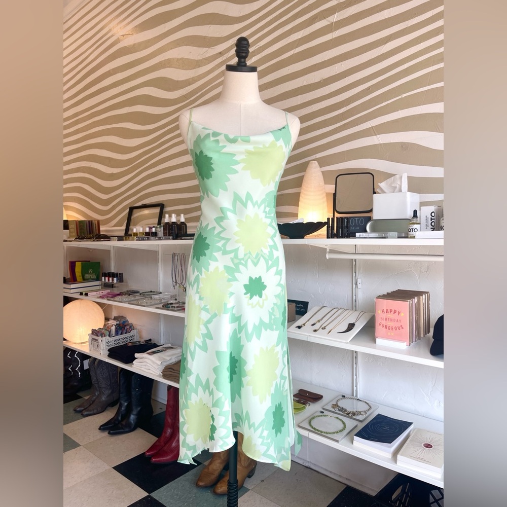 Vintage Y2K Express green starburst bias cut asymmetrical midi dress 1/2